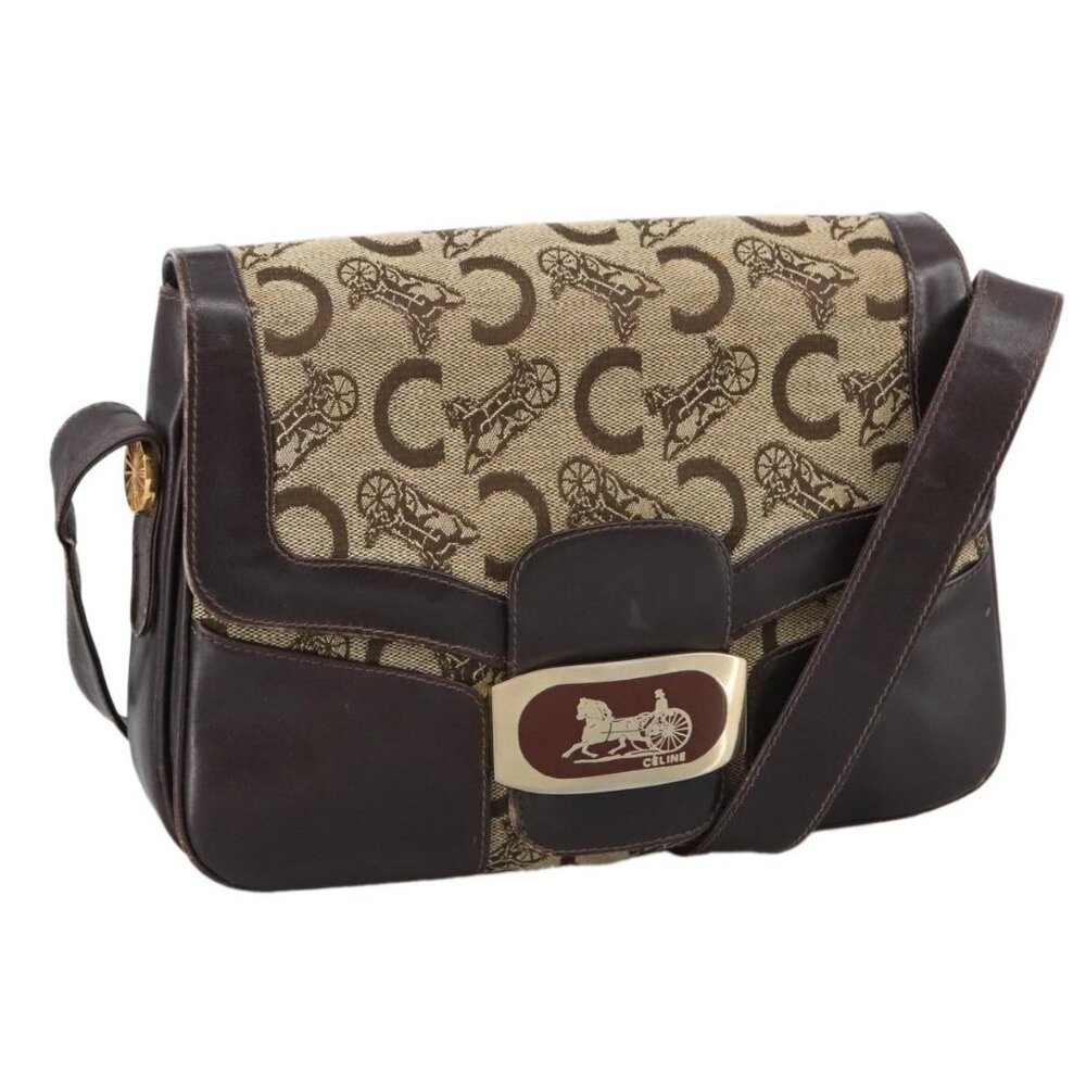 Authentic CELINE C Sulky Shoulder Bag Canvas Leather Beige Brown Gold